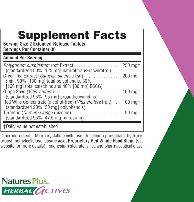 Natures Plus Herbal Actives Resveratrol, Extended Release - 125 mg, 60 Vegetarian Tablets - Gluten-Free - 30 Servings