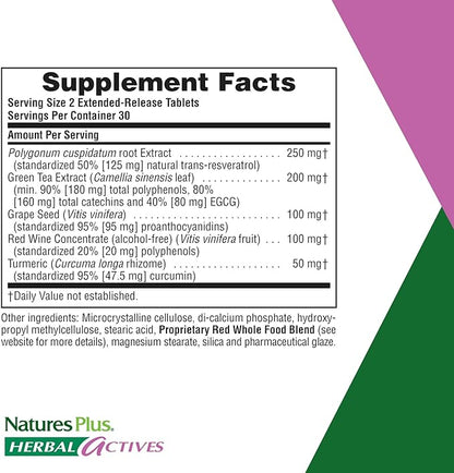 Natures Plus Herbal Actives Resveratrol, Extended Release - 125 mg, 60 Vegetarian Tablets - Gluten-Free - 30 Servings