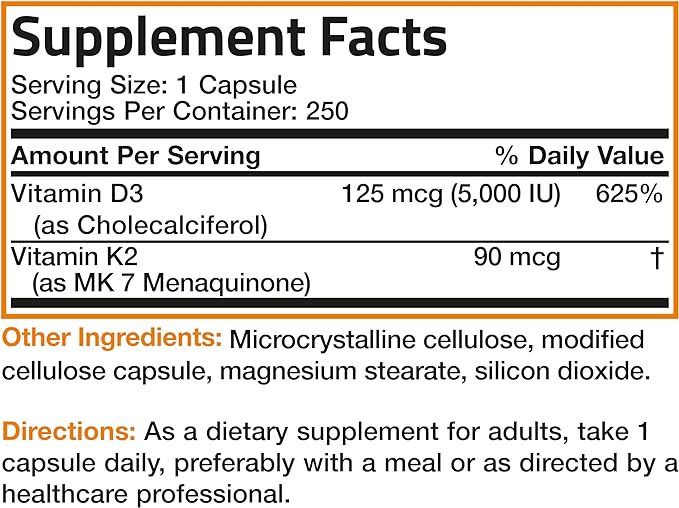 Bronson Vitamin K2 (MK7) with D3 Supplement Bone and Heart Health Non-GMO Formula 5000 IU Vitamin D3 & 90 mcg Vitamin K2 MK-7 Easy to Swallow Vitamin D & K Complex, 250 Capsules