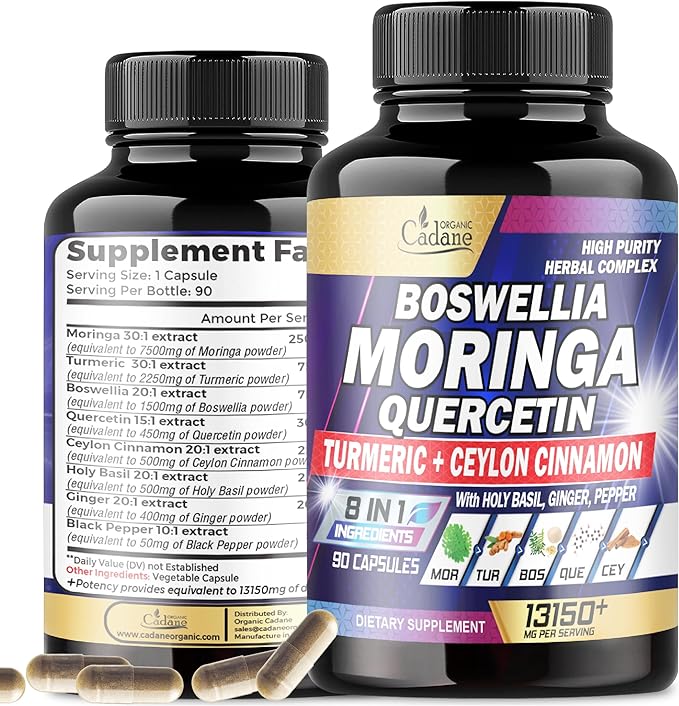 Moringa Leaf 7500mg Boswellia 1500mg Quercetin 450mg Supplement - Breast Milk, Heart, Immune & Joint Support - 8in1 Combined Turmeric, Ceylon, Ginger & More - 90 Veggie Capsules for 3 Months