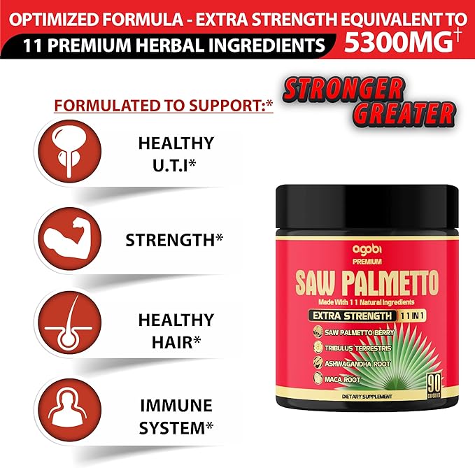 Saw Palmetto Berry Extract Supplement - 90 Capsules - Ashwagandha Root, Turmeric, Tribulus, Maca, Green Tea, Ginger, Holy Basil & More