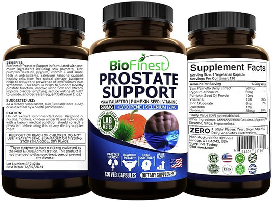 Prostate Support for Men - Saw Palmetto Lycopene Pumpkin Seed Pygeum Zinc Selenium - Healthy Urine Flow Bladder Prostate Vitamin Supplement - Made in USA (120 Veg. Capsule)