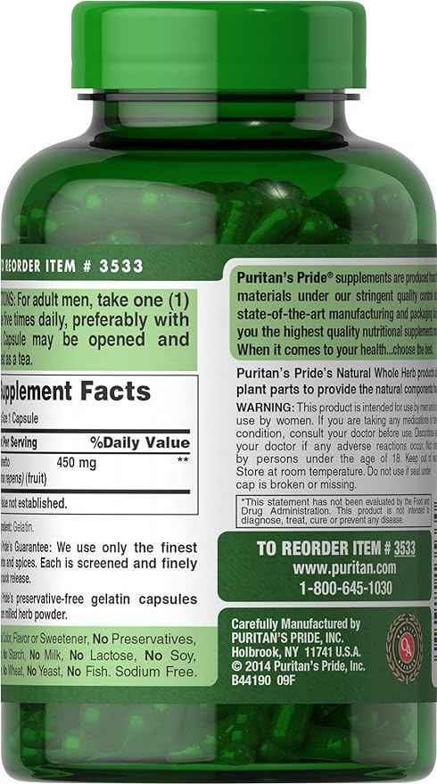 Puritan's Pride Saw Palmetto 450 Mg, Supports Prostate and Urinary Health, 200 Count