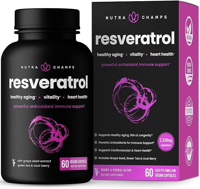 Resveratrol Supplement | Extra Strength Formula for Healthy Aging, Immune Support & Heart Health | 60 Vegan Capsules with Trans-Resveratrol, Green Tea Leaf, Acai Berry & Grape Seed Extract