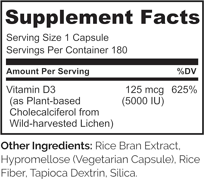 NATURELO Vitamin D - 5000 IU - Plant Based from Lichen - Natural D3 Supplement for Immune System, Bone Support, Joint Health - High Potency - Vegan - Non-GMO - Gluten Free - 180 Capsules