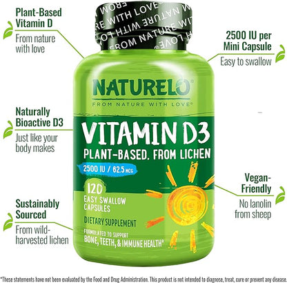 NATURELO Vitamin D - 2500 IU - Plant Based from Lichen - Natural D3 Supplement for Immune System, Bone Support, Joint Health - Vegan - Non-GMO - Gluten Free - 120 Capsules