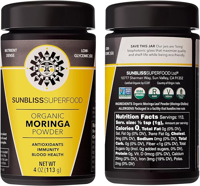 Organic Moringa Powder by Sunbliss Superfood | Premium Moringa Leaf Powder Without Fillers or Additives | USDA Organic, Vegan and Non GMO | Moringa Supplement for Moringa Tea, Smoothies and Capsules