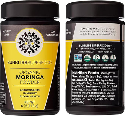 Organic Moringa Powder by Sunbliss Superfood | Premium Moringa Leaf Powder Without Fillers or Additives | USDA Organic, Vegan and Non GMO | Moringa Supplement for Moringa Tea, Smoothies and Capsules