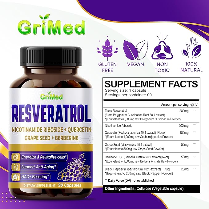 Resveratrol 8,900mg with Nicotinamide Riboside, Quercetin, Grape Seed, Berberine- NAD+ Boosting Supplement for Cells Energizing, Support Anti-Aging - Made in The USA