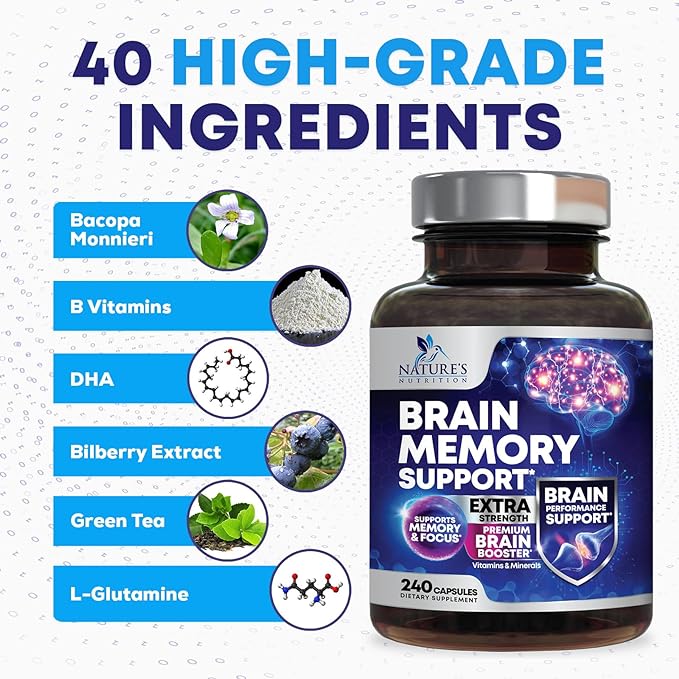 Nootropic Brain Supplements for Memory and Focus - 40 Nootropics & Vitamins to Support Clarity & Concentration, Brain Health Memory Pills with Phosphatidylserine Bacopa Huperzine & DMAE - 240 Capsules