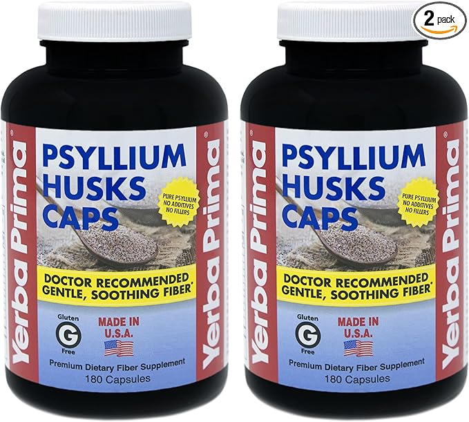 Yerba Prima Psyllium Husk Caps - 180 Capsules (Pack of 2) - Easy to Swallow Fiber Supplement - Colon Cleanse - Gut Health - Non-GMO Gluten Free