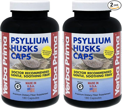 Yerba Prima Psyllium Husk Caps - 180 Capsules (Pack of 2) - Easy to Swallow Fiber Supplement - Colon Cleanse - Gut Health - Non-GMO Gluten Free