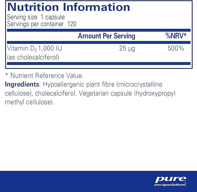 Pure Encapsulations Vitamin D3 25 mcg (1,000 IU) - Supplement to Support Bone, Joint, Breast, Heart, Colon & Immune Health - with Premium Vitamin D - 120 Capsules