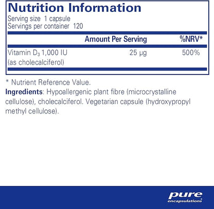 Pure Encapsulations Vitamin D3 25 mcg (1,000 IU) - Supplement to Support Bone, Joint, Breast, Heart, Colon & Immune Health - with Premium Vitamin D - 120 Capsules