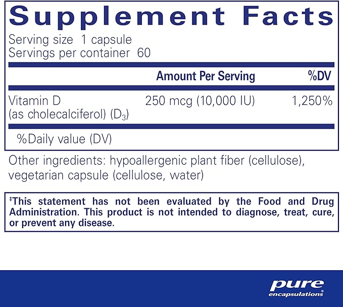 Pure Encapsulations Vitamin D3 250 mcg (10,000 IU) - Supplement to Support Bone, Joint, Breast, Heart, Colon & Immune Health - with Premium Vitamin D - 60 Capsules