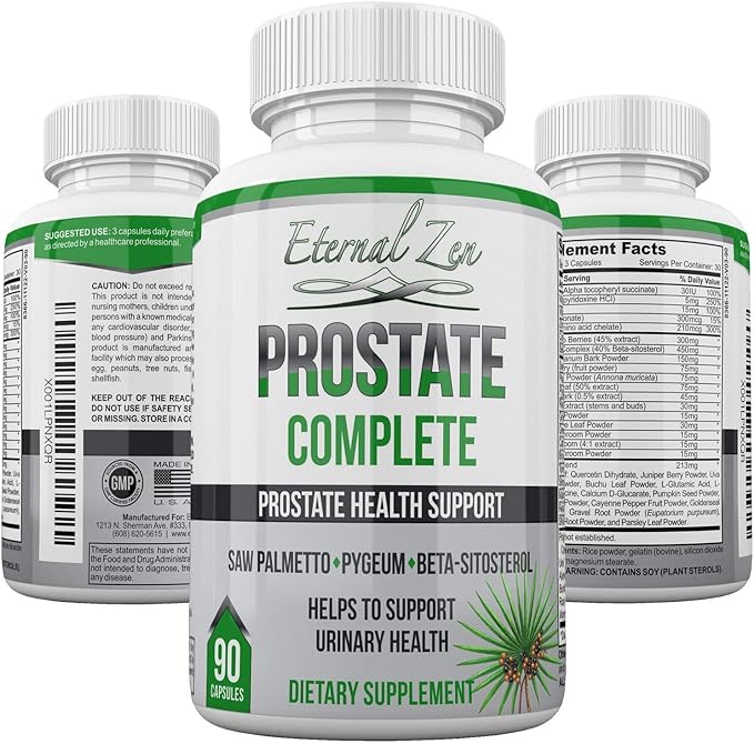 Prostate Complete Herbal Health Support Supplements for Men, Saw Palmetto Stinging Nettle Pygeum Beta-sitosterol Reishi Shiitake, 90 Count Capsule