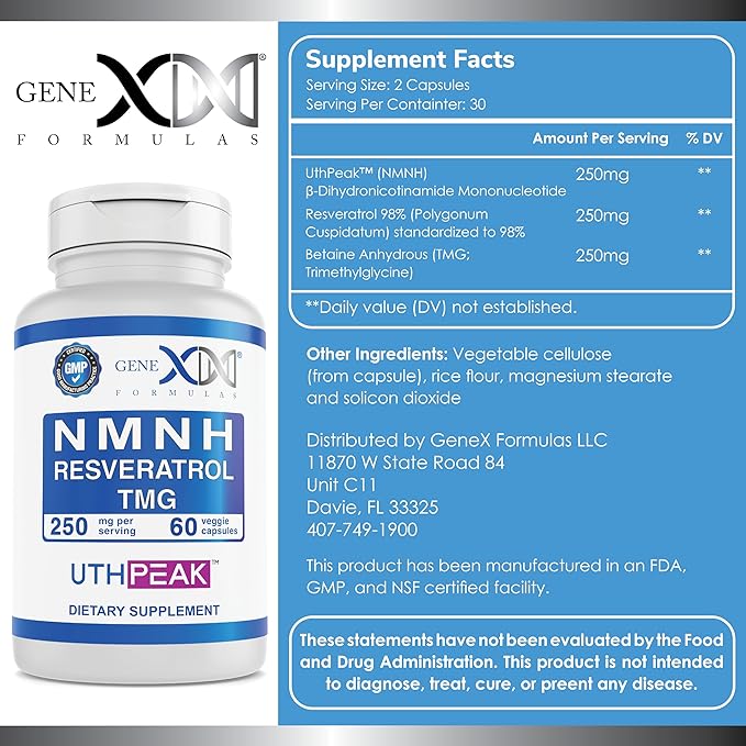 GENEX 250mg NMNH + Resveratrol + TMG (60 Capsules - 30 Servings) | NMNH (Dihydronicotinamide Mononucleotide) + 98% Resveratrol + TMG for Healthy Aging - Non-GMO, Gluten-Free, Vegetarian