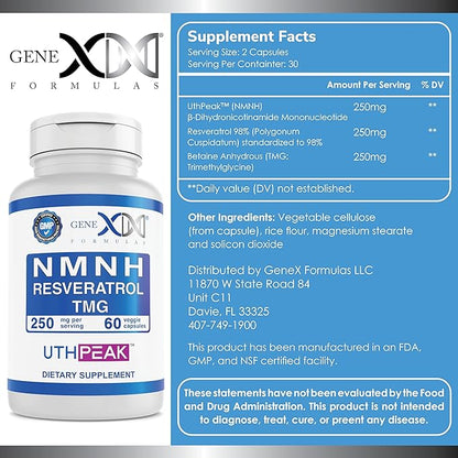 GENEX 250mg NMNH + Resveratrol + TMG (60 Capsules - 30 Servings) | NMNH (Dihydronicotinamide Mononucleotide) + 98% Resveratrol + TMG for Healthy Aging - Non-GMO, Gluten-Free, Vegetarian