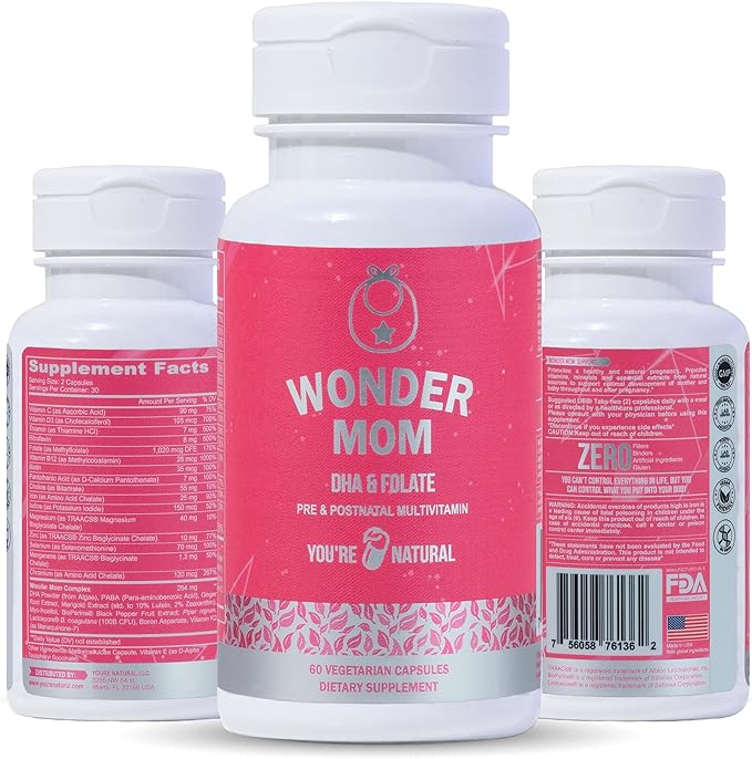 YOU'RE NATURAL Wonder Mom Prenatal and Postnatal Vitamins for Women with Folate, DHA, Probiotics, Iron, Myo Inositol, Biotin, D3, B12 Fetal Development, Pregnancy Must Have-30 Day Supply