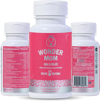 YOU'RE NATURAL Wonder Mom Prenatal and Postnatal Vitamins for Women with Folate, DHA, Probiotics, Iron, Myo Inositol, Biotin, D3, B12 Fetal Development, Pregnancy Must Have-30 Day Supply