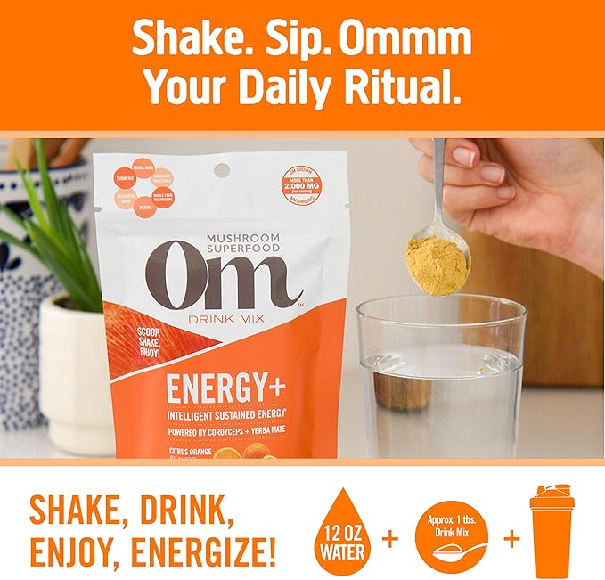 Om Mushroom Superfood Energy Plus Mushroom Powder Drink Mix, Citrus Orange, 4 Ounce, 18 Servings, Mushroom Blend, Cordyceps, Yerba Mate, Tumeric, Vitamin B Complex, Pre-Workout, Immune Supplement