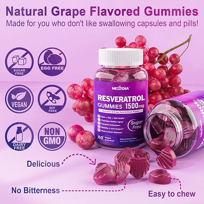 Resveratrol Gummies 1500mg - Sugar Free Resveratrol Supplement with Quercetin, Grape Seed, Acai Berries Extracts Support Antioxidant, Healthy Aging & longevity, Skin, Joint, Brain Wellness - Vegan