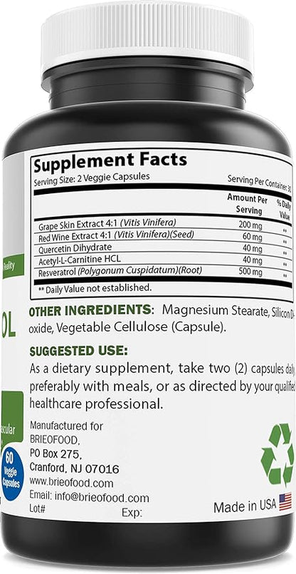 Brieofood Resveratrol 500mg - Natural Antioxidant Supplement for Cardiovascular & Immune System Health - 60 Veggie Capsules