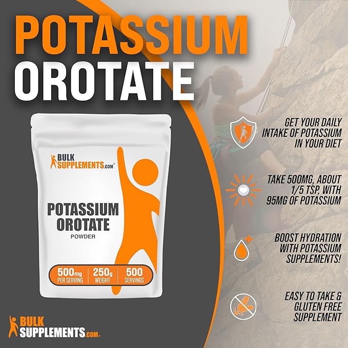 BulkSupplements.com Potassium Orotate Powder - Potassium Supplement, Potassium Orotate 500mg, Potassium Powder - Gluten Free, 500mg (95mg Potassium) per Serving, 250g (8.8 oz) (Pack of 1)