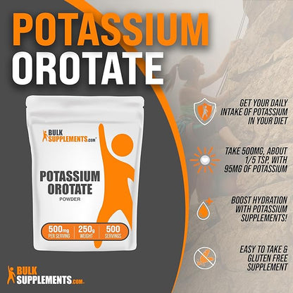 BulkSupplements.com Potassium Orotate Powder - Potassium Supplement, Potassium Orotate 500mg, Potassium Powder - Gluten Free, 500mg (95mg Potassium) per Serving, 250g (8.8 oz) (Pack of 1)