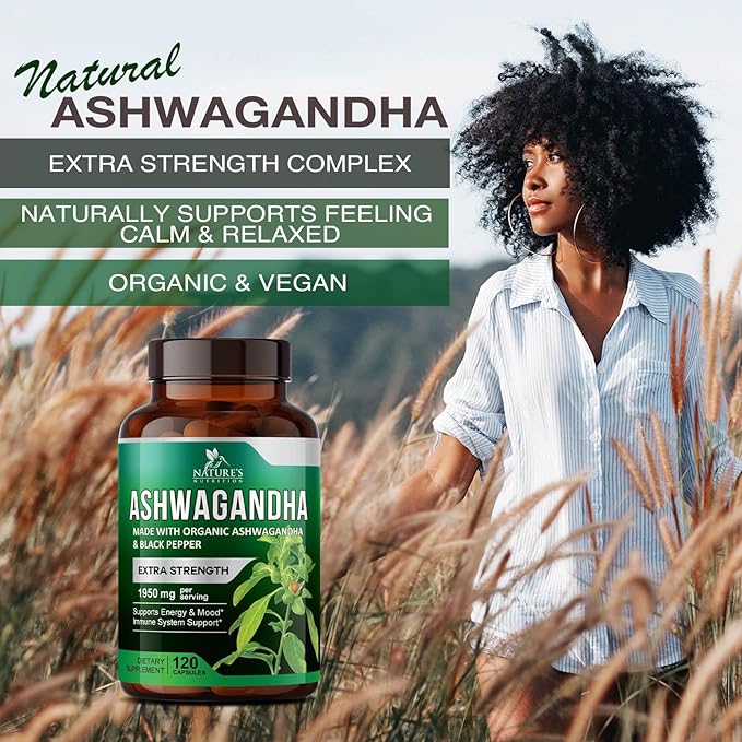 Nature's Nutrition Organic Ashwagandha Capsules Extra Strength 1950mg - Stress Support Formula - Natural Mood Support - Focus & Energy Support Supplement - 120 Capsules