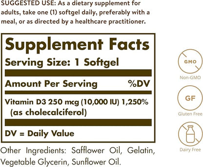 Solgar Vitamin D3 Cholecalciferol 250 MCG 10000 IU Softgels Helps Maintain Healthy Bones Teeth Immune System Support Non GMO Gluten, Dairy Free Servings, 180 Count