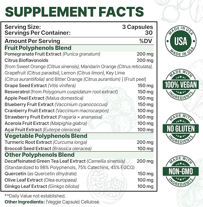 2250 MG Polyphenols Supplement Over 20 Fruits, Vegetables & Polyphenols, Quercetin, Resveratrol, Turmeric, Green Tea, Powerful Antioxidants, Polyphenols for Age Defense, Immune System, 270 Capsules