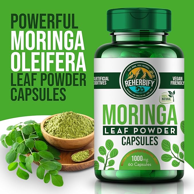 Moringa Capsules by ReHerbify | 1000mg, 60 Capsules | Organic Moringa Oleifera Leaf Powder Supplement for Immunity and Wellness