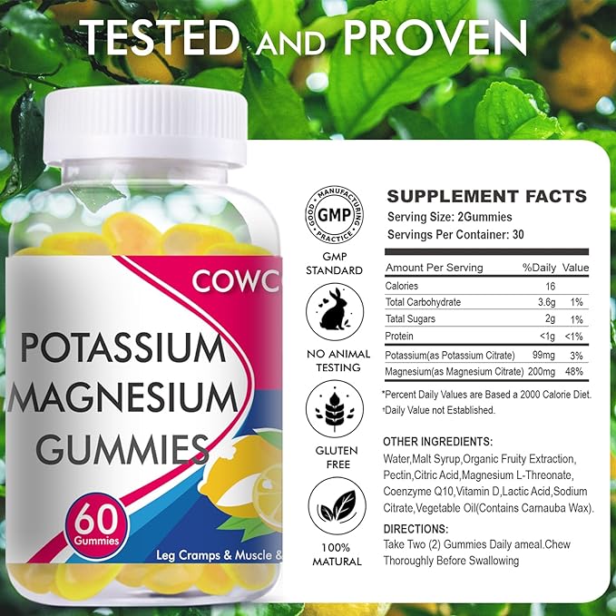 (2Pack) Potassium Magnesium Gummies for Adults Kids,Sugar-Free,Potassium,Citrate with High Absorption Magnesium Glycinate Supplements for Leg Cramps & Muscle,Heart Health.