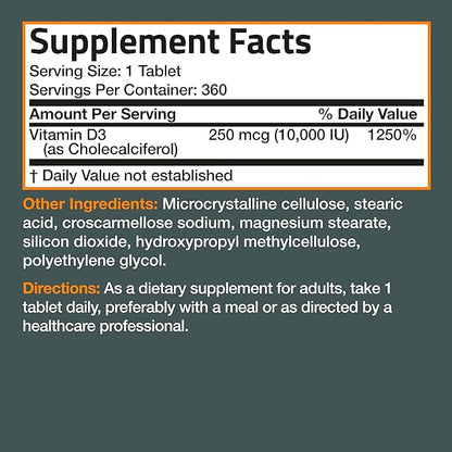 Bronson Vitamin D3 10,000 IU (250 MCG) 1 Year Supply for Healthy Muscle Function and Immune Support, Non-GMO, 360 Tablets