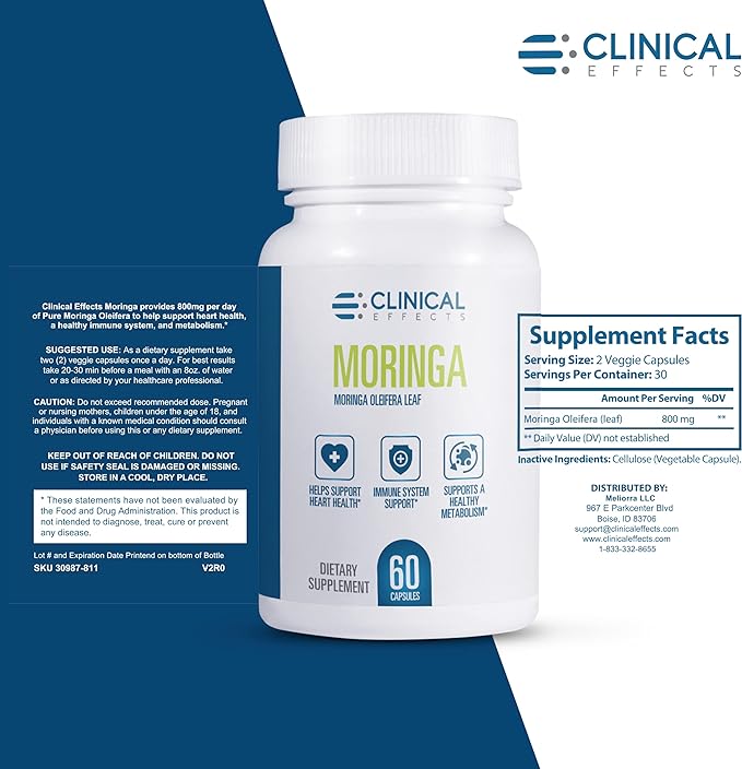 Clinical Effects Moringa Oleifera - 800mg Moringa Capsules Superfood Supplement - Heart, Joint, Energy and Immune Support Supplement - 60 Capsules