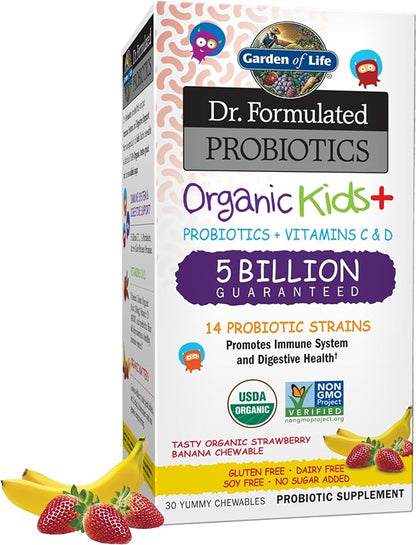 Garden of Life Dr. Formulated Probiotics Organic Kids+ Plus Vitamin C & D - Strawberry Banana., 5 Billion CFU Gluten Dairy & Soy Free Immune & Digestive Health Supplement, No Added Sugar, 30 Chewables