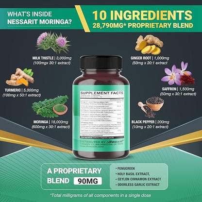 Moringa 18,000mg Supplement - 10-in-1 Natural Blend with Turmeric Milk Thistle Ginger Saffron Fenugreek Holy Basil Ceylon Cinnamon - 150 Count - Made & Tested in The USA