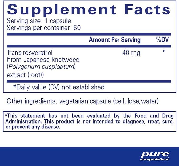 Pure Encapsulations Resveratrol - Cardiovascular, Cellular Health & Memory Support* - 40 mg Trans-Resveratrol - Antioxidants Supplement - Gluten Free & Non-GMO - 60 Capsules