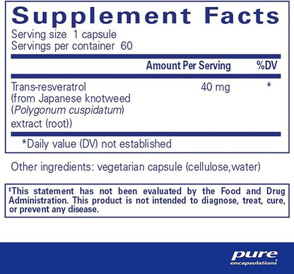 Pure Encapsulations Resveratrol - Cardiovascular, Cellular Health & Memory Support* - 40 mg Trans-Resveratrol - Antioxidants Supplement - Gluten Free & Non-GMO - 60 Capsules