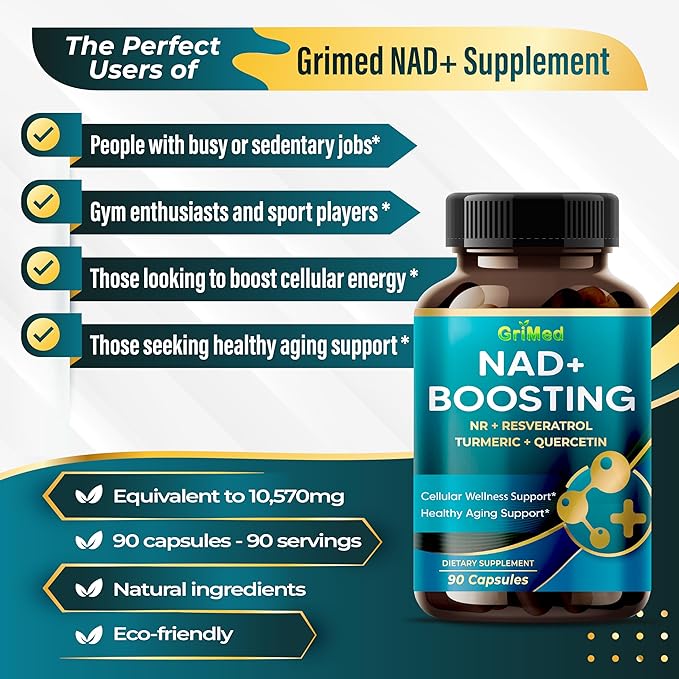 NAD + Boosting 16,550mg- x12 Power with NR + Resveratrol Turmeric + Quercetin - Cellular Energy, Cellular Repair, Healthy Aging - USA Made & Tested (90 Count (Pack of 1))