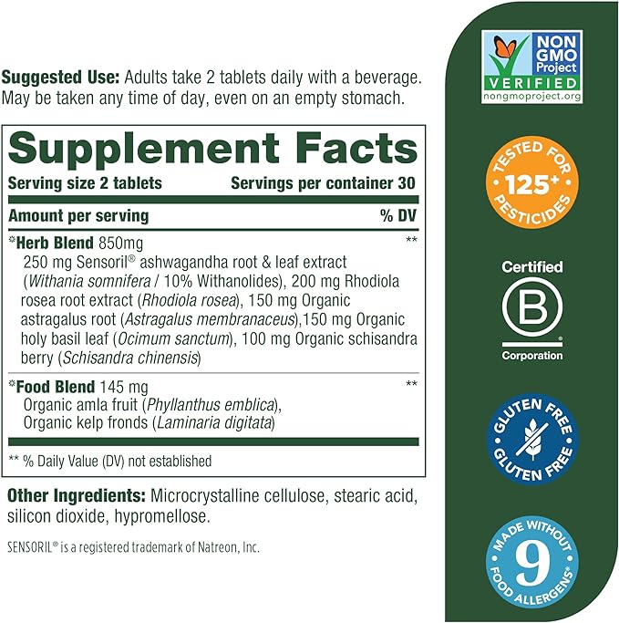 MegaFood Stress Protect with Ashwagandha & Herb Blend -Supports Healthy Stress Response - Rhodiola Root, Vegetarian, Non-GMO, Gluten-Free - Made Without 9 Food Allergens - 60 Tabs (30 Servings)