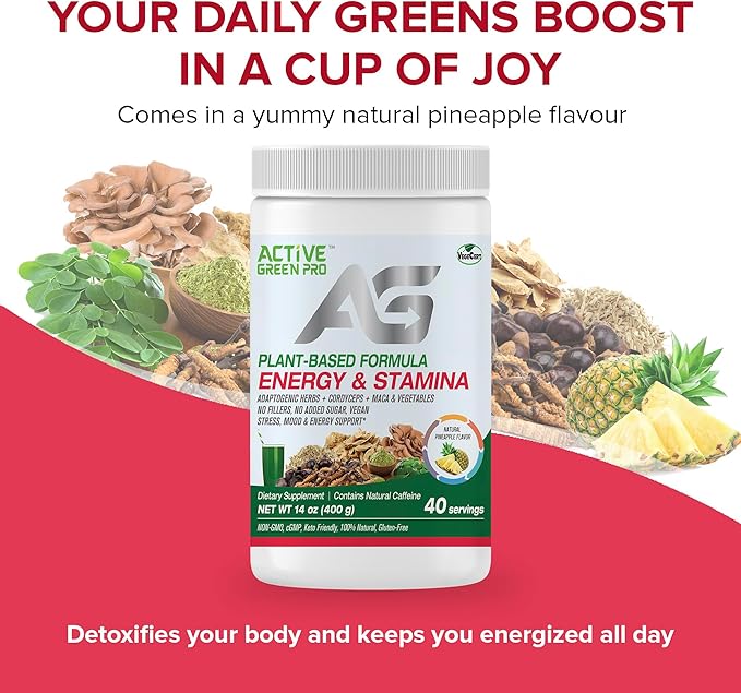 Energy & Stamina Powder, Blend of Adaptogenic Herbs, Cordyceps, Maca & Vegetables, Plant-Based Formula, No Fillers, No Sugar Added - 40 Servings