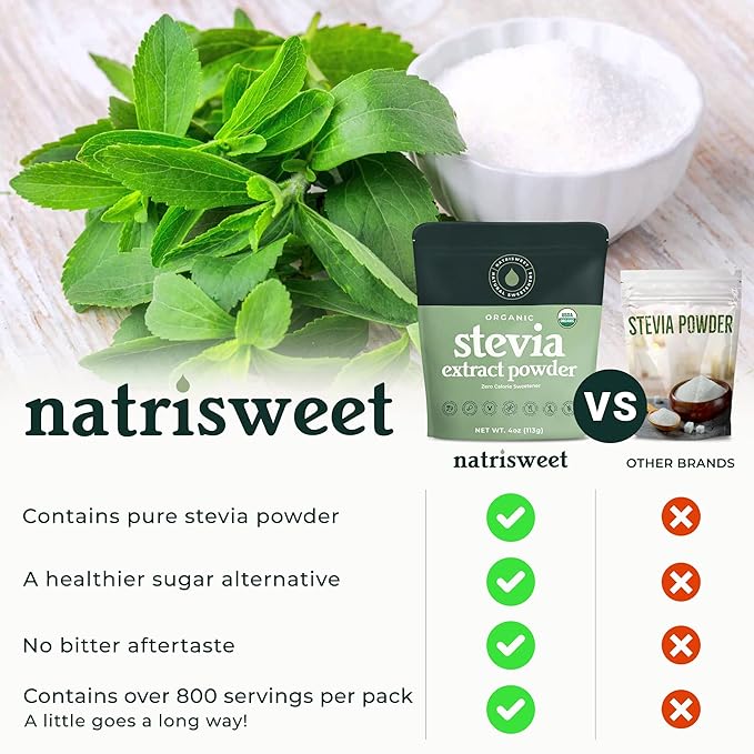 NatriSweet Stevia Powder, 4 oz, Pure Stevia Sweetener with No Additives, No Fillers, Zero Carbs, Zero Calorie, Organic Stevia Powder For Sugar Substitute, 300 Times Sweeter Than Sugar, 800+ Servings