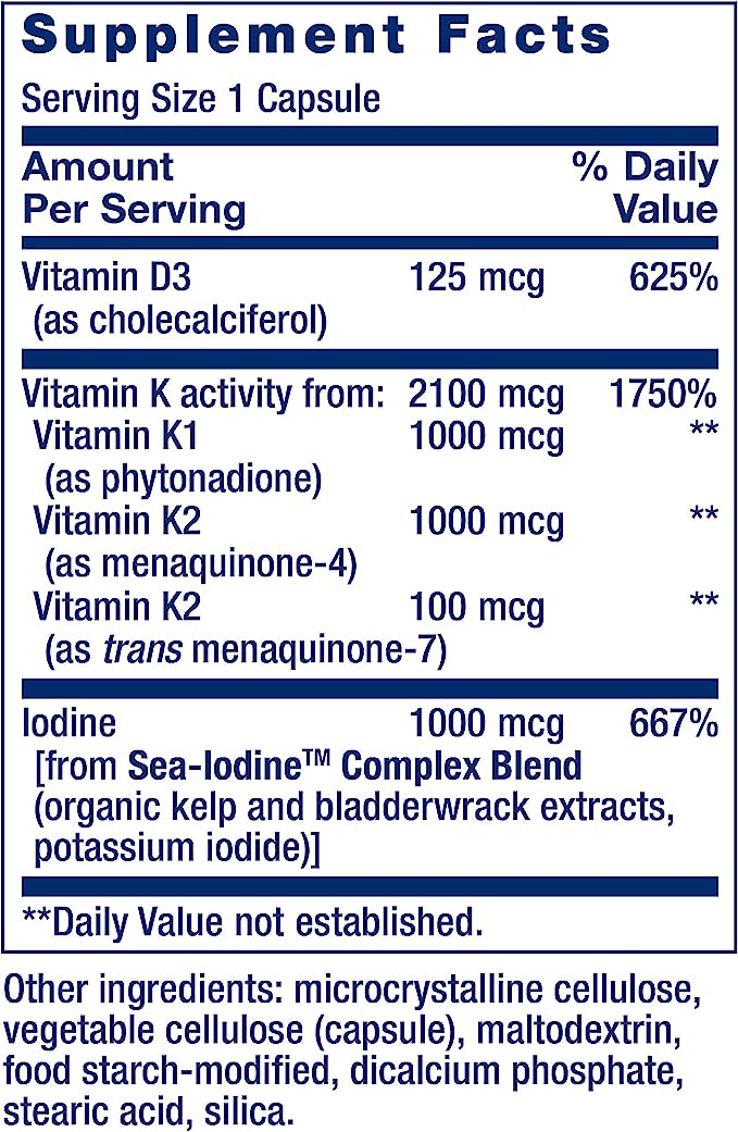 Life Extension Vitamins D and K with Sea-Iodine, vitamin D3, vitamin K1 and K2, iodine, supports immune, bone, arterial and thyroid health, non-GMO, gluten-free, 60 capsules