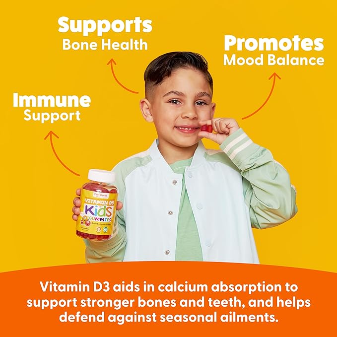 Feel Great Kids Vitamin D3 1000 IU Gummies | Kids Vitamin D Gummies for Healthy Bones, Mood, & Immune Support | Citrus Flavored Vegetarian D3 Gummies | 90 Day Supply