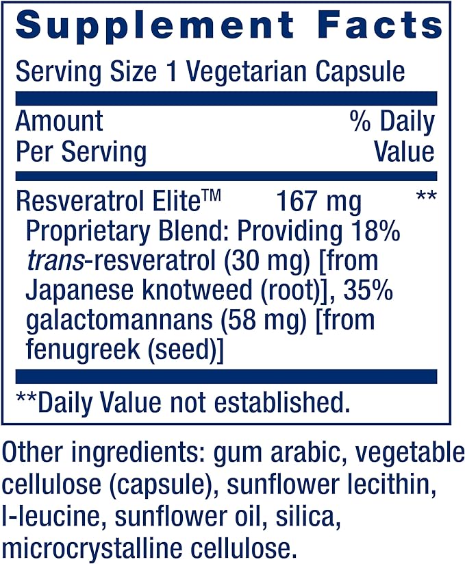 Life Extension Resveratrol Elite, Trans-resveratrol, Healthy Aging, Cardiovascular Health, Brain Health, oxidative Stress, Gluten-Free, Non-GMO, Vegetarian, 30 Capsules