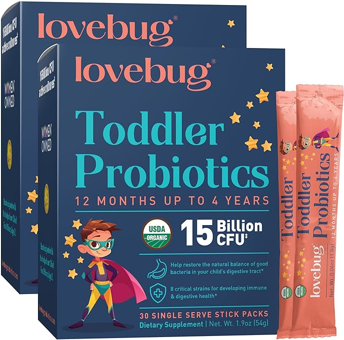 Lovebug Award Winning Probiotics | Constipation & Stomach Discomfort | Softer Bowel Movements | Easy-to-Take Powder | Ages 12 Months to 4 Years | 60 Packets