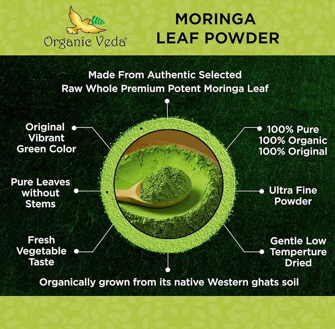 Organic Veda Moringa Powder – 100% Pure and Organic USDA Certified Moringa Leaf Powder for Overall Health – Non-GMO Whole Green Super Food Nutrition to Boost Immunity, 1lb (Pack of 1)