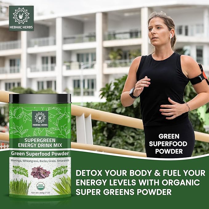 Organic Super Green Energy Drink Mix 200g (7 oz) Moringa Powder, Wheat Grass Powder, Barley Grass Powder, Amaranth Powder, Greens Superfood Detox Powder, Natural Energy Drink Mix 200g